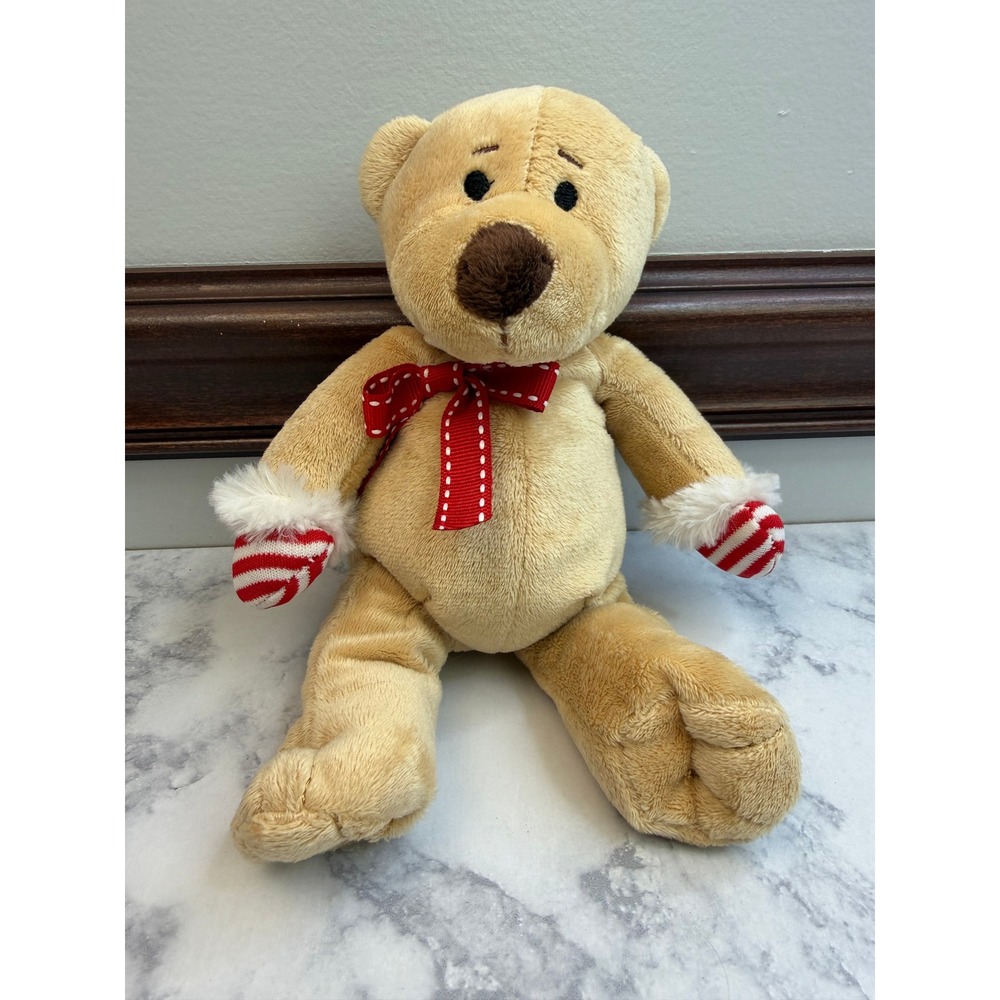 Paris Presents Tan Teddy Bear Plush Winter Mitten Red Bow Holiday Stuffed Animal